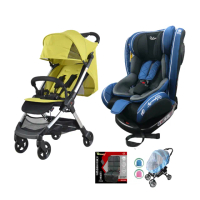 【YIP baby】CAPACITY 0-12歲 ISOFIX旋轉汽車安全座椅/汽座+單手秒收嬰兒手推車(淺藍汽座+推車-荳蔻綠組合)
