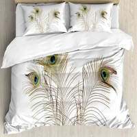 Peacock Bedding Set Comforter Duvet Cover Pillow Shams Peacock Feathers Closeup Simple Picture Mini Bedding Cover Double Bed Set
