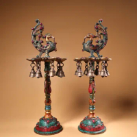 17"Tibetan Temple Collection Old Bronze Outline in gold Mosaic Gem Turquoise Phoenix oil lamp Wind Chime Candlestick A Pair