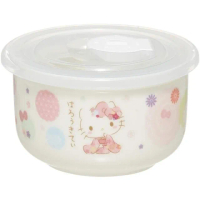 【小禮堂】HELLO KITTY 陶瓷微波保鮮碗 附蓋 陶瓷保鮮盒 便當盒 沙拉碗 200ml 《粉白 和服》 凱蒂貓