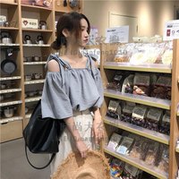 韓版條紋襯衫女露肩上衣系帶短袖襯衣寬鬆一字肩上衣潮【時尚大衣櫥】