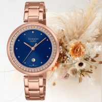 【CASIO 卡西歐】SHEEN 優雅奢華水晶錶圈蜜桃金淑女錶-藍(SHE-4556PG-2A 防水50米)