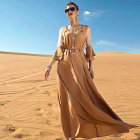 Gaun Jaring Patchwork Beropol Khaki, BA, Untuk Wanita, Mewah, Mampu Milik, Fesyen, Elegan, Serba gun