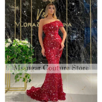 2021 Charming Red Mermaid Prom Dresses Beading Sequined One Shoulder Evening Dress Robe De bal De forme sirène