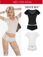 Set đồ nữ, áo cổ tim và quần, SISTERS, màu trắng, thiết kế phối sọc, ôm sát mọi đường cong cơ thể De