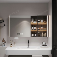 鏡櫃 智能浴室鏡櫃單獨掛墻式帶燈除霧衛生間梳妝鏡子實木帶置物架收納