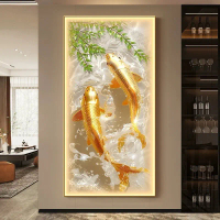 KOKOPAINTING Lukisan Porcelain Diamond 5D Kristal LED Motif Ikan Koi Emas Fengshui / Lukisan Ikan Ko