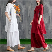 夏季禪意茶服中式復古文藝棉麻改良旗袍繡花民族風兩件套套裝