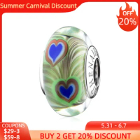 ATHENAIE 925 Sterling Silver Green Lucky Peacock Feather Charms Murano Glass Beads fit Bracelets DIY Charms for Birthday Gift