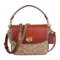 COACH Cassie 19珠鍊鋼印LOGO塗層帆布小牛皮旋鎖釦手提肩背斜背包(鏽紅x棕)