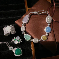 Women White Chalcedony Agate Gemstone Bracelet 18K Gold Plated Heart Zirconia Necklace