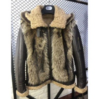 Mens Wool Fur Coat Flight Suit Genuine Leather Clothes Raccoon Stitching Hooded Sheepskin Jacket Large size 8XL