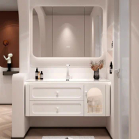 Ceramic integrated basin simple cream style bathroom cabinet combined wash basin cabinet Corian integrated basin vanity