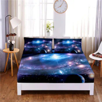 Star Galaxy Digital Printed 3pc Polyester Fitted Sheet Mattress Cover Four Corners with Elastic Band Bed Sheet Pillowcases