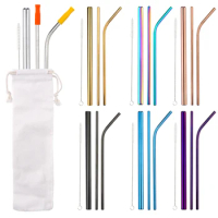 Reusable Metal Drinks Straws Set with Cleaner Brush 304 Stainless Steel Drinking Straw Milk Drinkware Bar Party Accessory