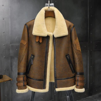 2019 New Mens B3 Sheepskin Shearling Jacket Lapel Leather Jacket Badge Airforce Flight Coat Winter Mens Fur Coat