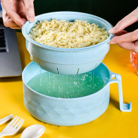 Mangkuk mi segera daripada jerami gandum dengan penutup, set peralatan makan pelajar termasuk mangku