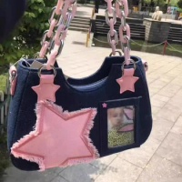 Korean Denim Pink Star Patchwork Y2k Chain Underarm Shoulder Bag Hottie Streetwear Casual Handbag Vintage Sweet Girl Itabag