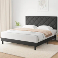 Queen Bed, Queen Size bed Frame with Fabric Upholstered Headboard,Dark Grey, Easy Assembly