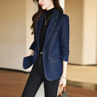 Tesco New Style Blazer Suit Long Sleeve Blue Jacket Single Button Casual Senior Coat Women Outerwear 2023 Autumn Winter