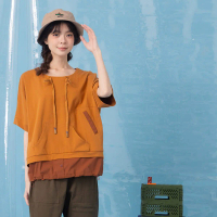 【MOSS CLUB】異材質層次衣襬飛鼠袖短袖上衣 咖 灰 35032033#灰_F-灰,F