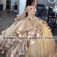 Champagne Princess Quinceanera Dresses 2024 Off Shoulder Appliques Ruffles Flowers Mexican Girls Ball Gown Sweet 16 Dress