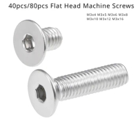 40pcs/80pcs M3x4 M3x5 M3x6 M3x8 M3x10 M3x12 M3x16 Flat Head Machine Screws M3 Hex Screw Stainless Countersunk Fasteners Bolts