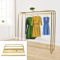 Clothing Rack Garment Display Holder Retail Clothes Hanging Stand Shelf Gold With Top Shelf Dual-bar