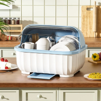 AOTTO 大容量透明半翻蓋廚房瀝水碗櫃(瀝水架 碗盤收納箱)