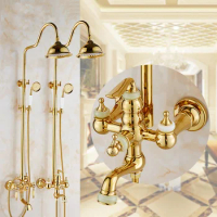 2 Style gold plated jade rain shower faucet mixer tap, Brass diamond shower faucet head set, Bathroom shower faucet wall mounted