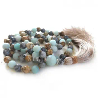 MN21252 Jasper Mala Beads For Confidence Amazonite Necklace Hand Knotted Mala 108 Bead Meditation Mala Gemstones Silk Tassel
