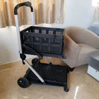 Portable double-layer trolley shopping cart storage basket folding trolley storage basket