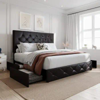 King Size Storage Bed Frame with 4 Drawers &amp; Adjustable Headboard, Black Brown