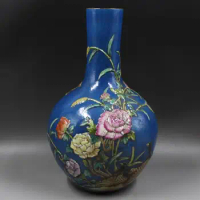 Navy Blue Vase Tall Peony Flower Antique Chinese Famille Rose Porcelain Vase Large Engraved Vase