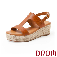 【DROM】坡跟涼鞋 厚底涼鞋/歐美復古時尚工字皮紋草編坡跟厚底涼鞋(棕)