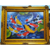 lukisan dinding kanvas besar ikan koi asli tangan 60cm x 80cm fengshui