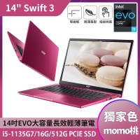 【Acer 宏碁】福利品11代Swift3 SF314-511-58X2 14吋輕薄筆電-桃紅(i5-1135G7/16G/512G PCIE SSD/Win10)