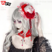 Y2K Gothic Lolita girls bloody top hat Hairpins headdress Cosplay Women Punk bloody lace Hair Clip Harajuku Hair Accessories
