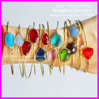15pcs Exquisite Bangle Mix Color Glass Quartz Bangle metal Bangle Gems Druzy Stone Beads Cuff Bangle Bracelet