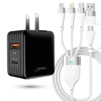 【HANG】22W PD+QC3.0雙孔快充頭黑+MyStyle USB+TYPE-C TO TYPE-C/Lightning/Micro 快充線-白(1A1C)