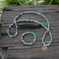 8mm Natural Stone Beads,Blue Turquoise,Bamboo Leaf Onyx, JapaMala Sets,Spiritual Jewelry,Meditation,Inspirational,108 Mala Beads
