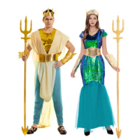 Grecian Myth Neptune King Sea Siren Mermaid Queen Costume Men Poseidon Outfits Carnival Halloween Cosplay Party Fancy Dress