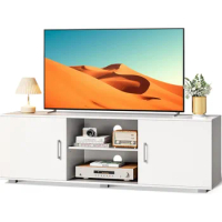 TV Stand for 55 Inch TV, with Storage, 2 Cabinets, TV Console Media Cabinet with 6 Cable Holes, White TV Stand