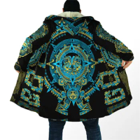 HX Winter Mens Cloak Mexican Blue Aztec Pattern Thick Warm Hooded Cloak for Men 3D Printed Windproof