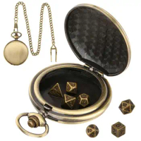 Antique Table Game Vinatge Bronze Pocket Watch Case with 7pcs Metal Polyhedral Dice with 38cm Pocket Hook Twist Chain Gifts