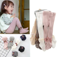 0-8 Yrs Children Cotton Baby Girls Pantyhose Spring Autumn Winter Bowknot TightsKids Infant Knitted Collant Tights