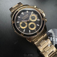 VERSUS VERSACE手錶,編號VV00398,46mm金色圓形精鋼錶殼,黑色三眼, 中三針顯示錶面,金色精鋼錶帶款,鬼斧神工之作!