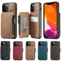 For Apple iPhone 12 Pro Max / iPhone 12 Mini CaseMe Wallet Case PU Leather Zip Pocket Matte Retro Stand Cover