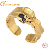 BONLAVIE S925 Sterling Silver Sapphire Texture Ring Gold Irregular Niche Designer Single Ring
