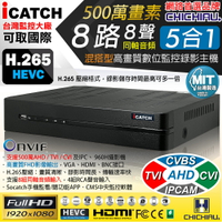 【CHICHIAU】H.265 8路4聲 500萬 AHD TVI CVI 1080P台製iCATCH數位高清遠端監控錄影主機